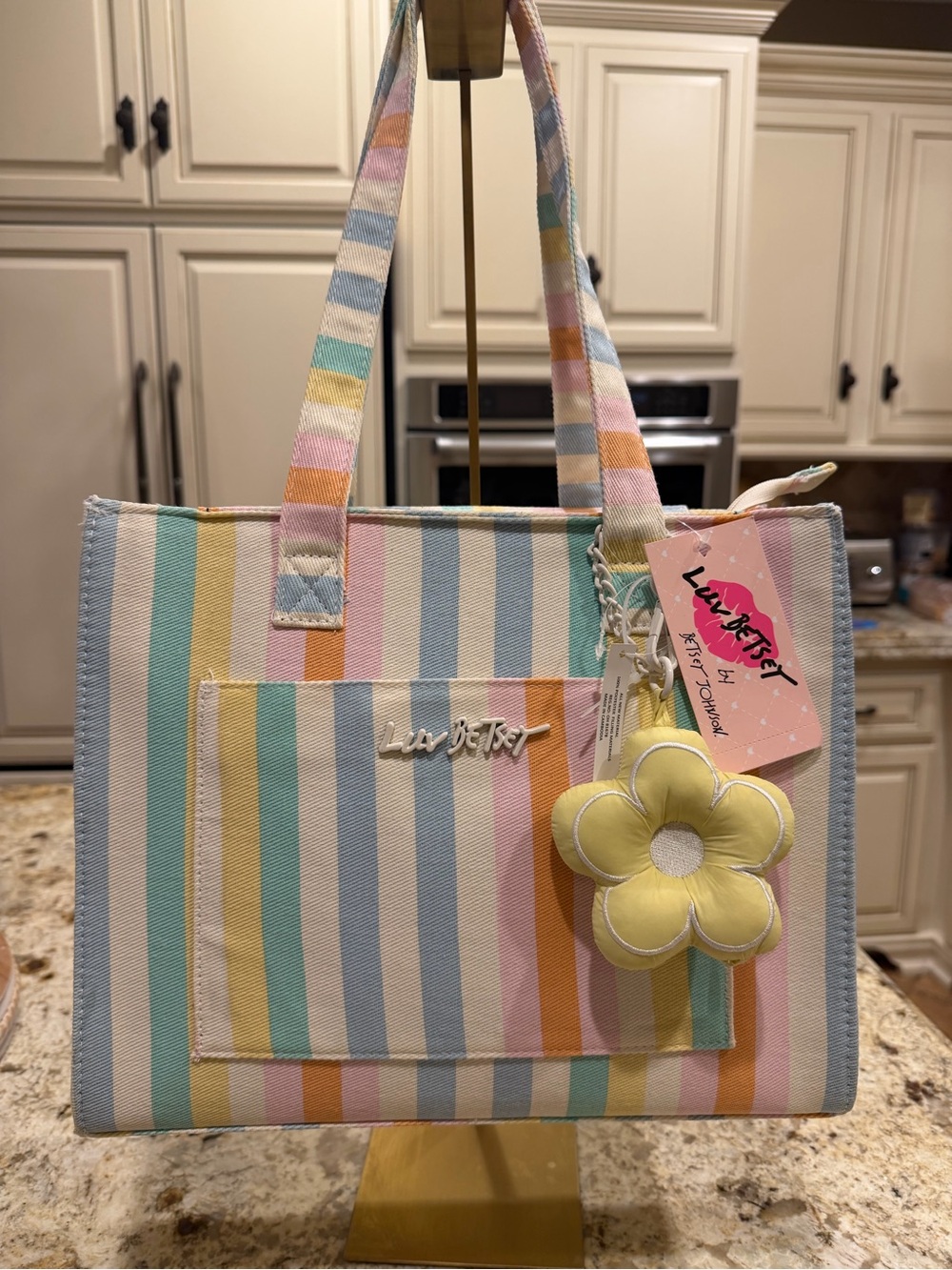 Luv Betsey Pastel Stripe Tote with Yellow Flower Charm